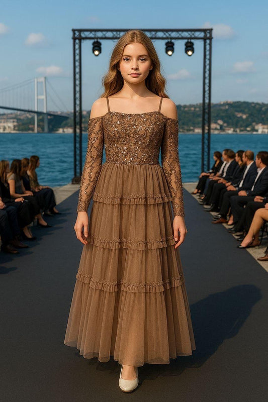 ✨ Braunes Abendkleid mit Spitze und Tüll für Mädchen (10–14 Jahre)