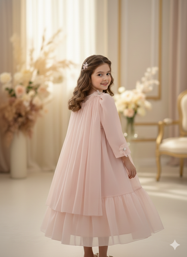 🌸 Pudrafarbenes Tüllkleid mit Blumenapplikationen für Mädchen (4–8 Jahre)