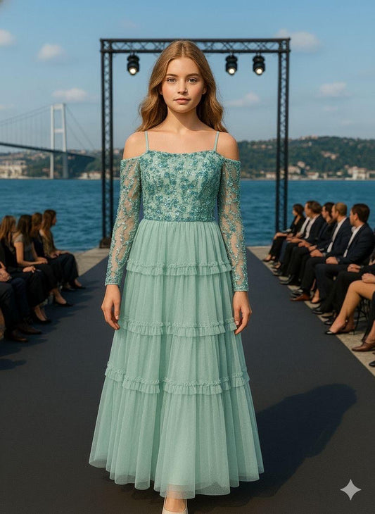 ✨ Mintgrünes Abendkleid mit Spitze und Tüll für Mädchen (10–14 Jahre)