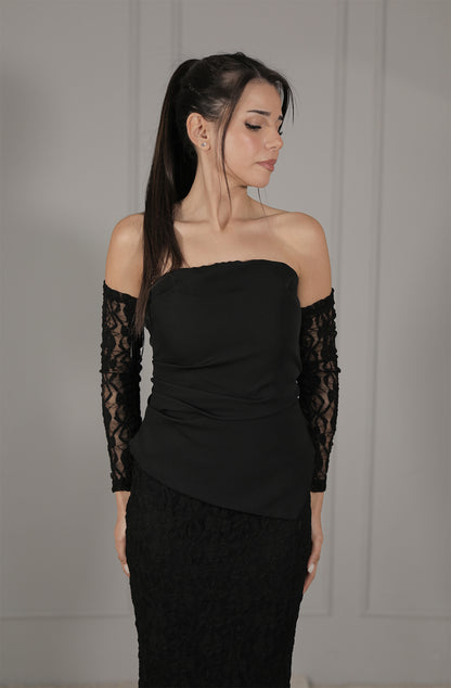 Elegantes Schulterfreies Abendkleid in Schwarz mit Spitze