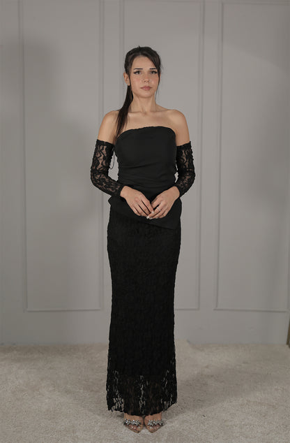 Elegantes Schulterfreies Abendkleid in Schwarz mit Spitze