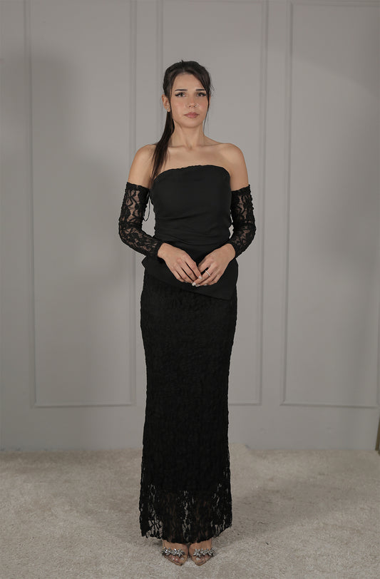 Elegantes Schulterfreies Abendkleid in Schwarz mit Spitze