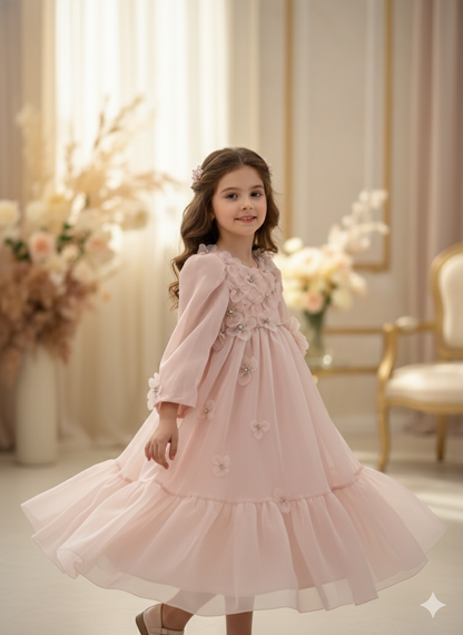 🌸 Pudrafarbenes Tüllkleid mit Blumenapplikationen für Mädchen (4–8 Jahre)
