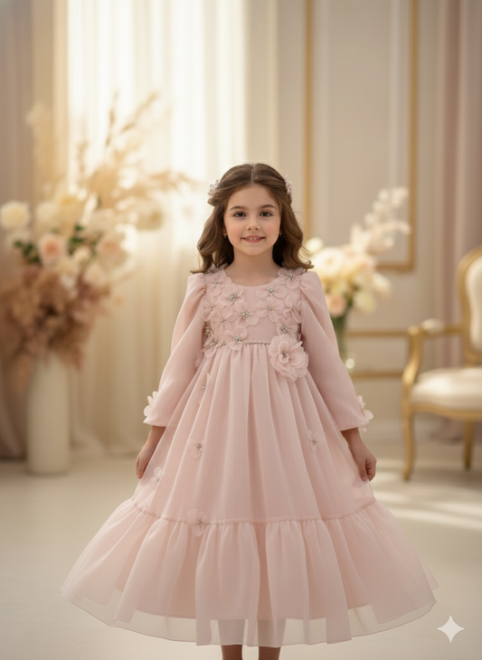 🌸 Pudrafarbenes Tüllkleid mit Blumenapplikationen für Mädchen (4–8 Jahre)