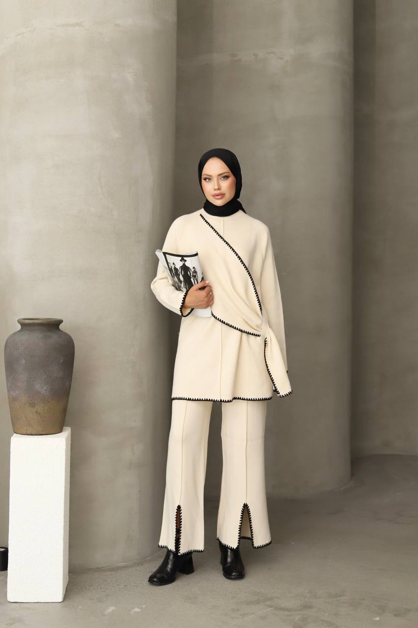 Strick-Tunik-Hosenanzug - Beige