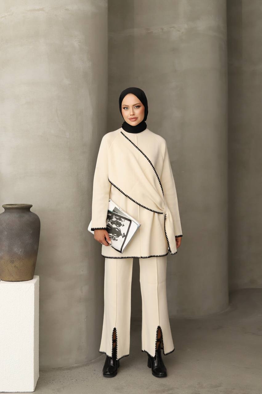 Strick-Tunik-Hosenanzug - Beige